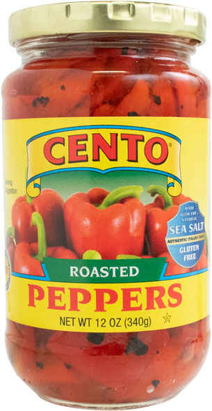 Jar of Cento roasted peppers with a gold lid on a white background
